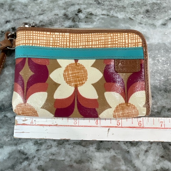 FOSSIL KeyPer Multicolor Floral Coated Canvas Brown Leather Wristlet Wallet - Picture 7 of 8
